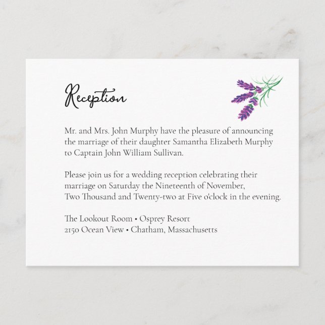 Elegante Lavender Wedding Reception Enclosure Card Postkarte (Vorderseite)