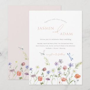 Elegante Lavender Wildblumen Dragonflies Hochzeit Einladung