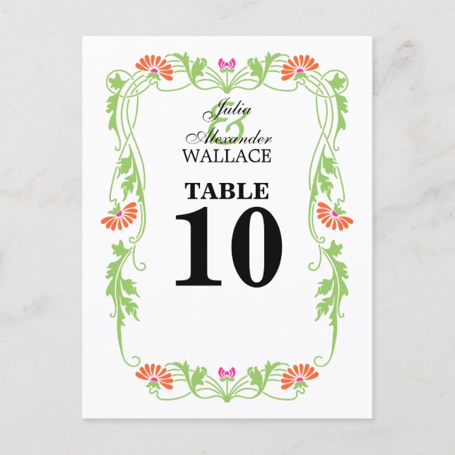 Elegante Leaf Florals & Wirbel Tischnummer Card (Vorderseite)
