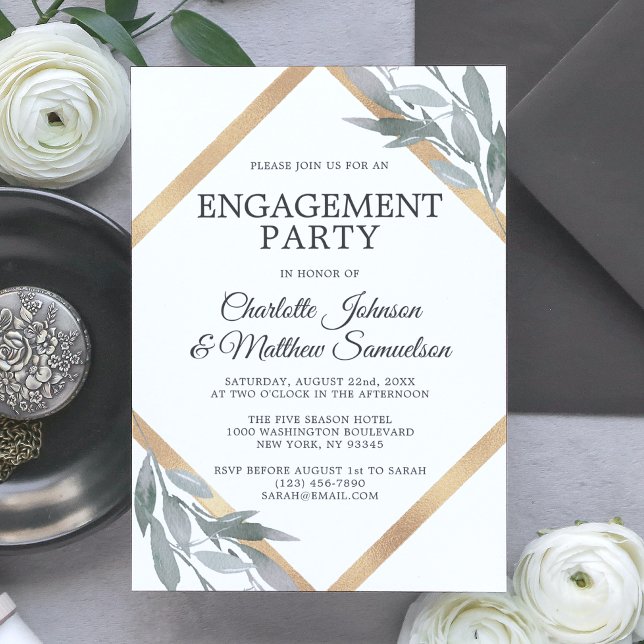Elegante Leaf Sage Olive Gold ENGAGEMENT PARTEI Einladung (Elegant Leaf Sage Olive Gold ENGAGEMENT PARTY Invitation)