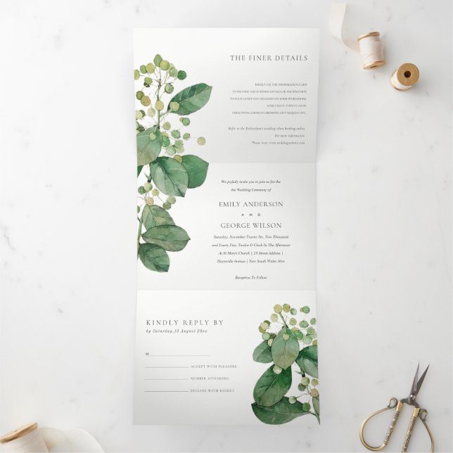 ELEGANTE LEAFENFLIEGE GREENERY WATERCOLOR WEDD DREIFACH GEFALTETE EINLADUNG (Innenseite)