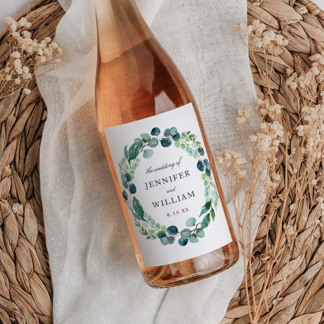 Elegante Leafy Watercolor Botanische Hochzeit Weinetikett (Von Creator hochgeladen)