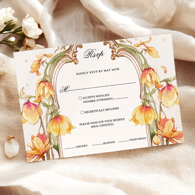 Elegante, lebendige Hochzeit in Gelb und Gold RSVP Karte (Von Creator hochgeladen)