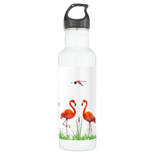 Elegante lebhafte korallenrosa Flamingos & Schilfp Edelstahlflasche