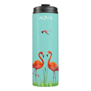 Elegante lebhafte korallenrosa Flamingos & Schilfp Thermosbecher