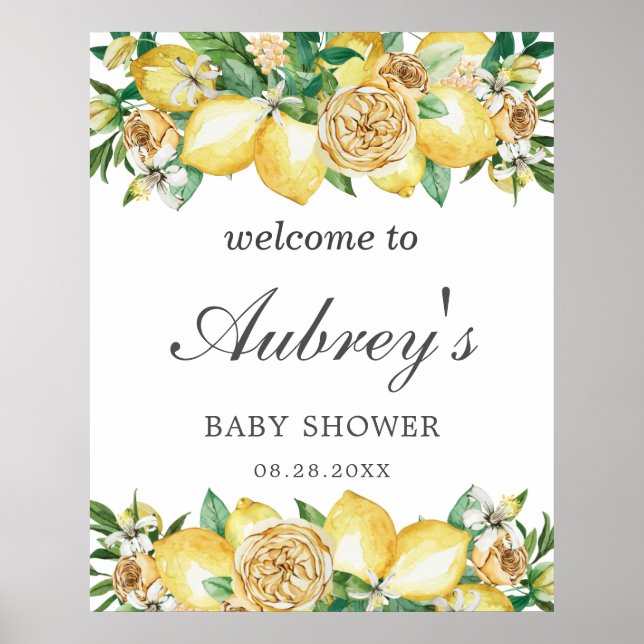 Elegante Lemon Floral Greenery Baby Dusche Willkom Poster (Vorne)
