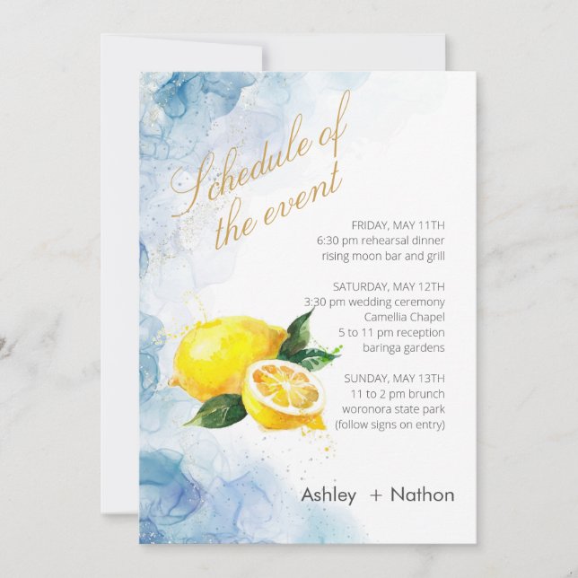 Elegante Lemon Gelb & Blau Wasserfarbenhochzeit Einladung (Vorderseite)