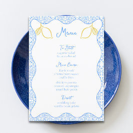 Elegante Lemon und Blue Tiles Mediterrane Hochzeit Menükarte