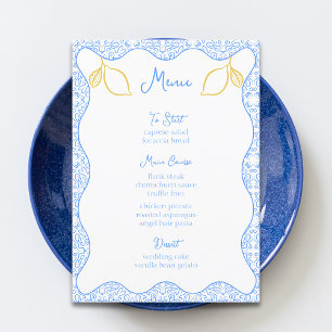 Elegante Lemon und Blue Tiles Mediterrane Hochzeit Menükarte
