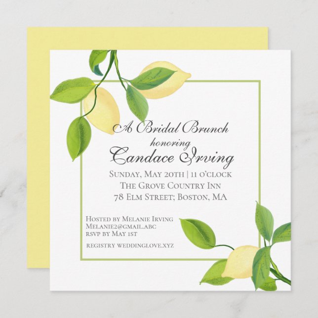 Elegante Lemons Brautparty Brunch Einladung (Vorne/Hinten)