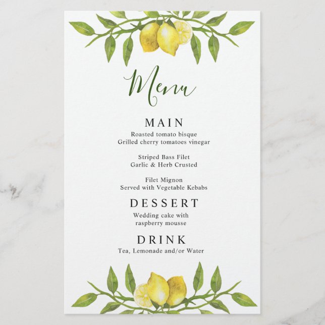 Elegante Lemons Greenerity Wedding Dinner Menu (Vorderseite)