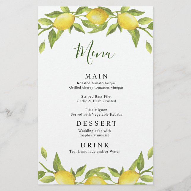 Elegante Lemons Greenerity Wedding Dinner Menu (Vorderseite)