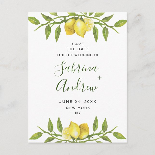 Elegante Lemons Grüne Hochzeit speichern das Datum Postkarte (Vorderseite)