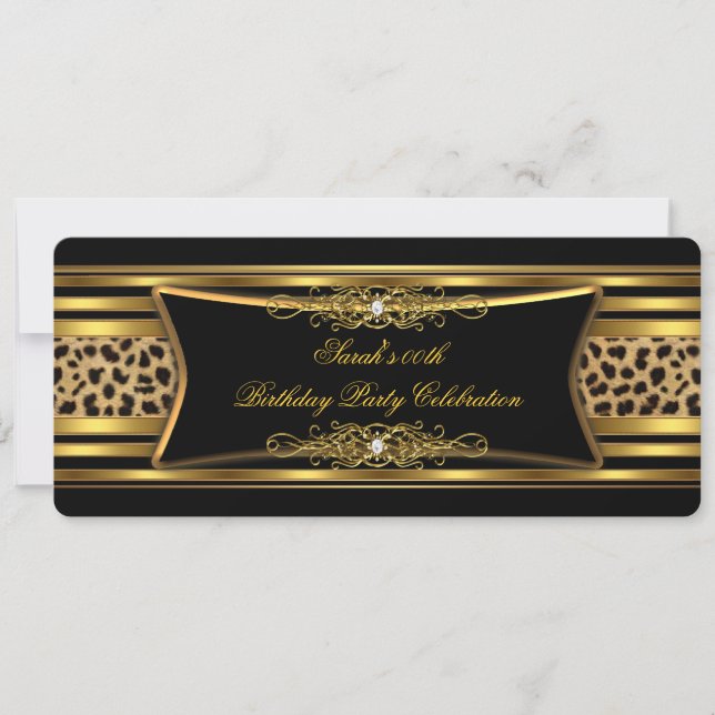 Elegante Leopard Geburtstagsparty Black Gold Einladung (Vorderseite)