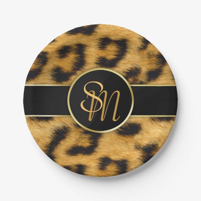Elegante Leopard Print Monogram Script Paper Plate Pappteller (Vorderseite)