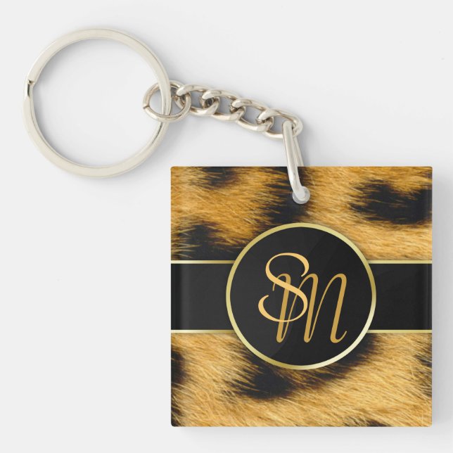 Elegante Leopard Print Monogram Script - Schlüssel Schlüsselanhänger (Vorderseite)