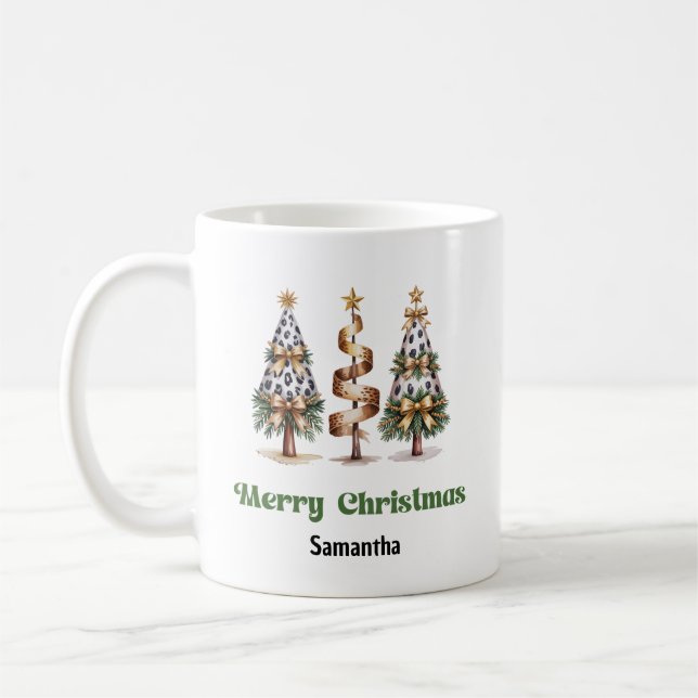 Elegante Leopard-Weihnachtsbäume personalisierter  Kaffeetasse (Links)