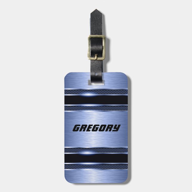 Elegante Lichtblau Slick Imitate Metallische Strei Gepäckanhänger (Vorderseite vertikal)