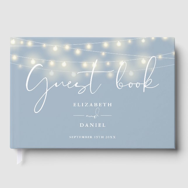 Elegante Lichterkette Staubblau Hochzeit Gästebuch (Vorderseite)