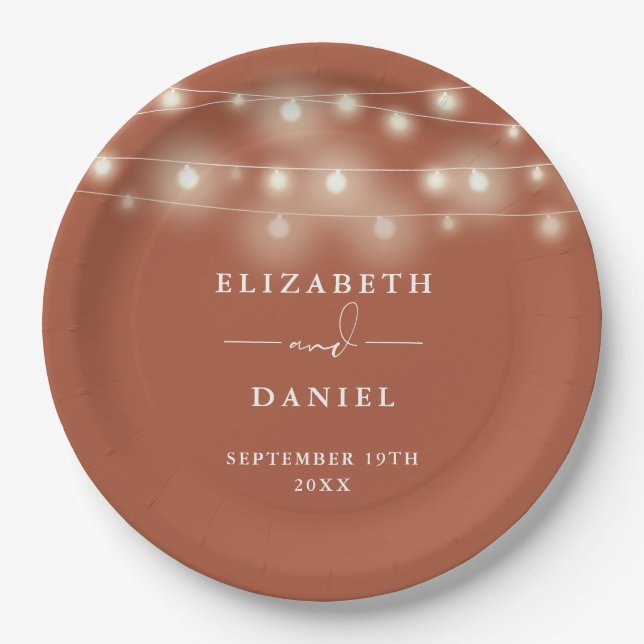 Elegante Lichterkette Terrakotta Hochzeit Pappteller (Vorderseite)