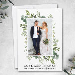 Elegante Liebe Dank Watercolor Eukalyptus Greenery Dankeskarte<br><div class="desc">Die elegante Watercolor Greenery Wedding Foto Dankeschön Card beinhaltet Eukalyptus-Blätter und andere wunderschöne botanische Pflanzen.</div>