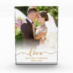 Elegante Liebe Gold Script Mr. and Mrs. Wedding Fotoblock