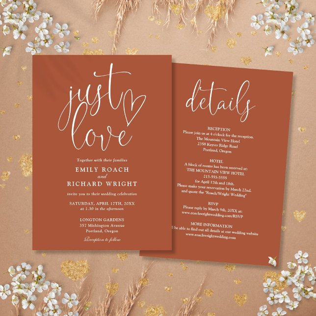 Elegante Liebe in einer Terracotta-Hochzeit Einladung (Elegant Just Love All In One Terracotta Wedding Invitation)