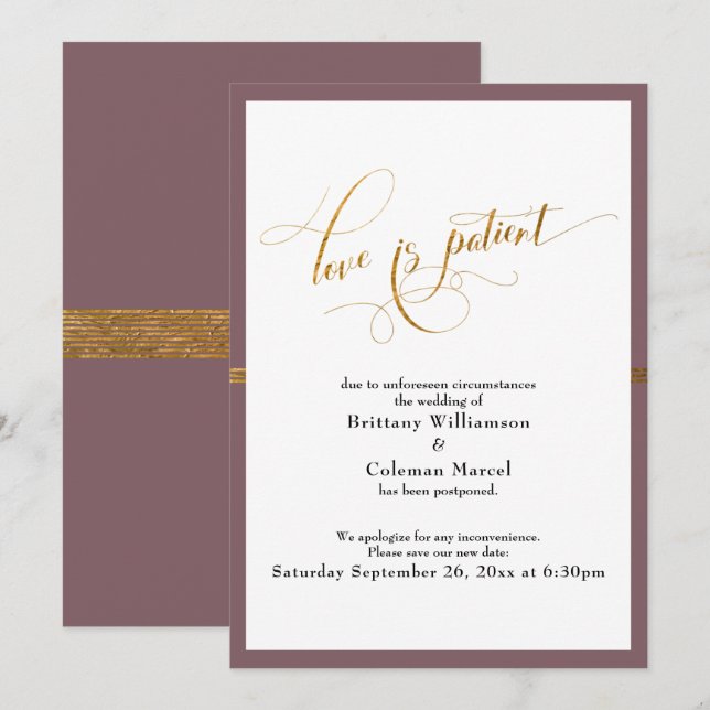 Elegante Liebe ist die Mauve Gold Stripe Card des  Einladung (Vorne/Hinten)