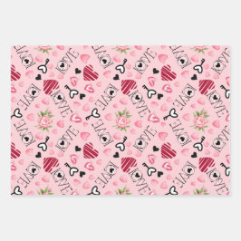 Elegante Liebe Kisses Key Peony Pink Hearts Geschenkpapier Set