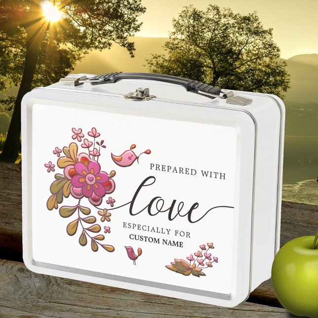 Elegante Liebe Lunch Box (Elegant lunch box featuring a floral design with cute small birds and a script love text)