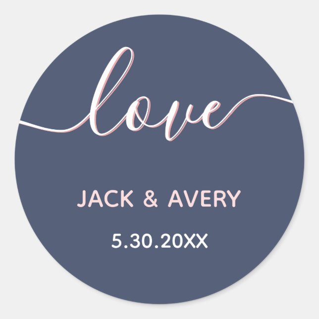 Elegante Liebe Script Navy & Blush Wedding Date Runder Aufkleber (Vorderseite)