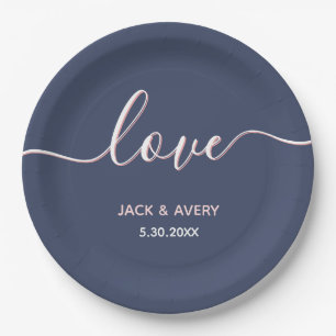 Elegante Liebe Script Navy & Blush White Wedding Pappteller