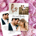 Elegante Liebe und Dank 3 Fotocollage Hochzeit Dankeskarte<br><div class="desc">Modernes, elegantes "Liebe und Dank" Script 3 Foto Collage Wedding danke Card. Stilvolle Dankeschön Kartenvorlage mit 3 Foto auf der Vorderseite und 1 Foto auf der Rückseite. Mit einem "Liebe und Dank"-Text in einem Wirblen handgeschriebenen Typografie Swash Schwanz Schriftart Skript-Schriftart in schwarz auf weißem Hintergrund. Einfach Namen hinzufügen und danke...</div>