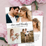 Elegante Liebe und Dankeschön Script Collage Weddi Dankeskarte<br><div class="desc">Elegante, Minimalistische, moderne Handschrift geschrieben "Liebe und Dank" Script Foto Collage Card. Stilvolle Hochzeit danke Ihnen Karte Vorlage mit drei (3) Foto auf der Vorderseite und ein (1) Foto auf der Rückseite. Mit einem "Liebe und Dank"-Text in einer Wirblen Handschrift Schrift oder Kalligrafie-Skript Swash Schwanz Schriftart in schwarz auf weißem...</div>