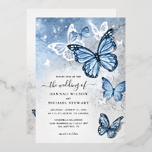Elegante Light Baby Blue Butterfly Hochzeit Real Folieneinladung
