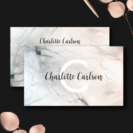 Elegante Light Marble Monogram Script Business Car Visitenkarte