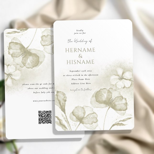 Elegante Light Olive Green Floral QR UAWG Wedding Einladung (Von Creator hochgeladen)