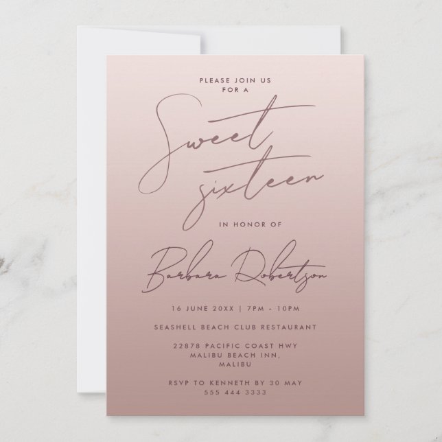 Elegante Light Rose Gold Ombre Script 16 . Geburts Einladung (Vorderseite)