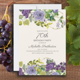 Elegante lila Aquarell-Blumen 70. Geburtstag Einladung