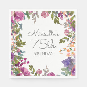 Elegante lila Aquarell-Blumen 75. Geburtstagseinla Serviette
