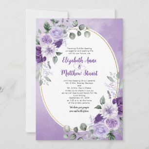 Elegante lila Aquarell-Blumen Gold-Oval-Hochzeit Einladung