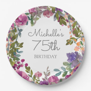 Elegante lila Aquarell-Blumen zum 75. Geburtstag Pappteller
