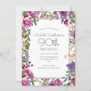Elegante lila Aquarell-Blumen zum 90. Geburtstag Einladung