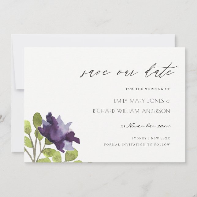 Elegante Lila Blaue Flora Rose Blume Save The Date (Vorderseite)
