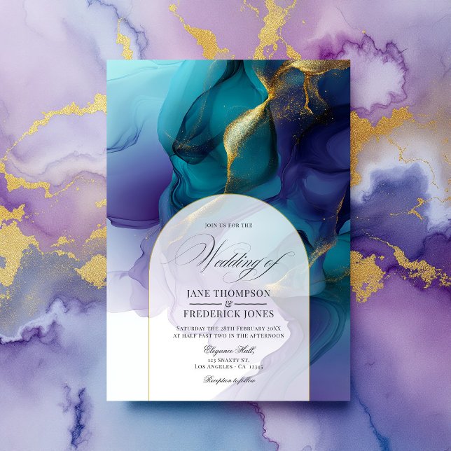 Elegante Lila, blaue und goldene Hochzeit Einladung (Elegant Purple, Blue, and Gold Flowing Ink Wedding Invitation)