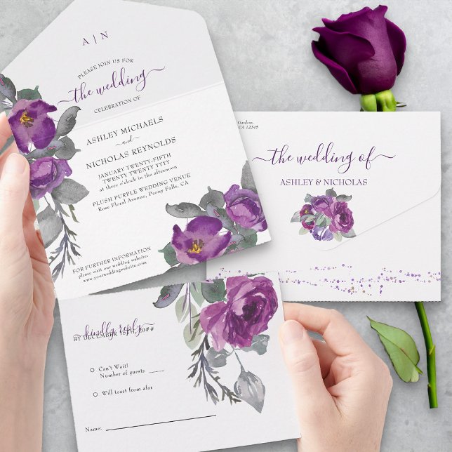Elegante Lila Blume Hochzeit All In One Einladung (All in One Wedding Invitation with tear-off RSVP from my Plush Purple Wedding Collection)