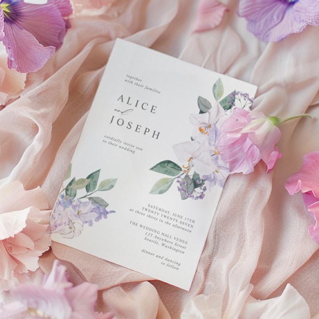 Elegante Lila Blume und Grünanlagen Einladung (Elegant Purple Watercolor Flowers & Greenery Invitation)