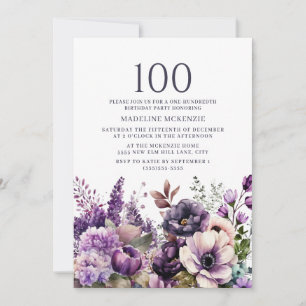 Elegante lila Blumen 100. Geburtstag Einladung