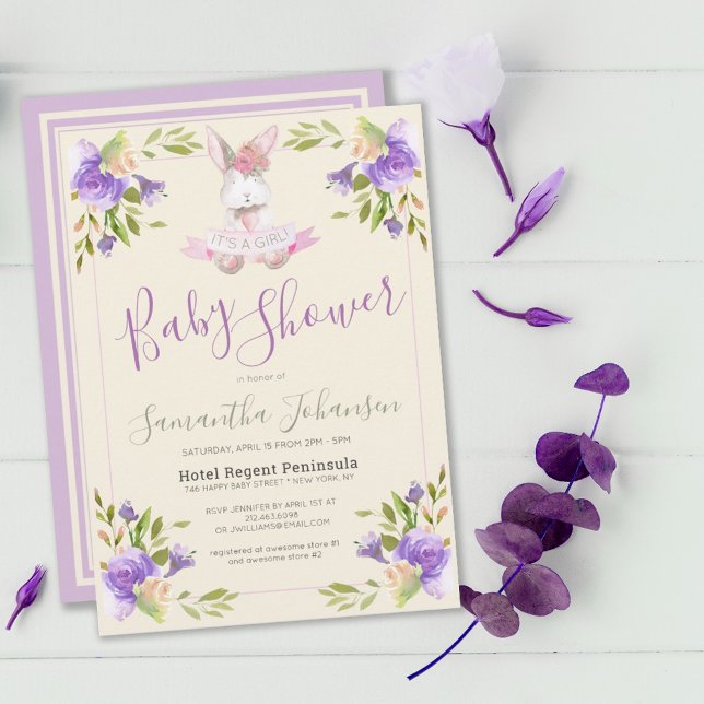 Elegante Lila Blumen & Bunny Girl Baby Dusche Einladung (ELEGANT LAVENDER PURPLE FLORAL & BUNNY GIRL BABY SHOWER INVITATION)