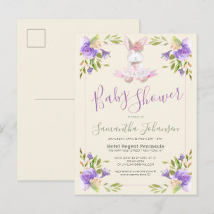 Elegante Lila Blumen & Bunny Girl Baby Dusche Einladungspostkarte